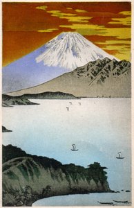 地理の話日本のこと。富士山の日の出。広重による木版画。東海道五十三次（1833-1834）。絵葉書、日本、1900年頃（ポストカード 作： Ando or Utagawa Hiroshige