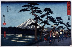 火山とアメリカ松のある日本の風景 - 若き日の広重による日本の版画