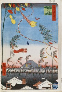 七夕まつりの街中の繁栄（名所江戸百景）（東京、日本） - 歌川広重（1797-1858）作、日本版画（39x26cm）、1858年頃 - 七夕まつりの街中の繁栄(百 作： Ando or Utagawa Hiroshige