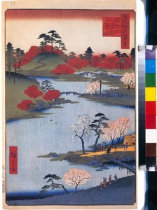 Le jardin du Temple Hachiman a Fukagawa (cent vues celebres de江戸) - Oeuvre de Utagawa Hiroshige (1797-1858), estampe japonaise, vers 1858 - (深川八幡神社の庭園 (名所江戸百景), カラー 広重による木版画、カリフォルニア 作： Ando or Utagawa Hiroshige