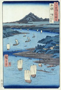 出羽国マガミ川と月山（木版画） 作： Ando or Utagawa Hiroshige