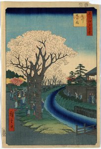 江戸の多摩川河畔で花見をする人々を描いた版画。 作： Ando or Utagawa Hiroshige