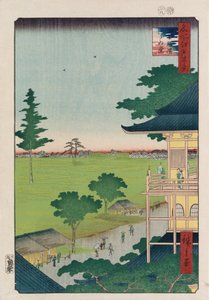 サザイホール、500ラーケン[寺院]」、シリーズ「江戸の有名な場所の百景」 作： Ando or Utagawa Hiroshige