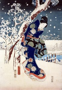 三連祭壇画の一部、大名の庭の雪景色（シルクスクリーン） 作： Ando or Utagawa Hiroshige