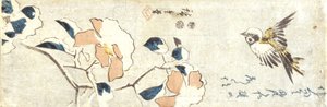 スズメと雪を積んだカメリア (カラー木版画) 作： Ando or Utagawa Hiroshige