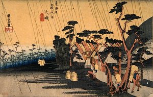 東海道五十三次」シリーズの大磯「驟雨」、1833年～34年（カラー木版画） 作： Ando or Utagawa Hiroshige