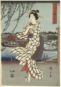 川岸を歩いている女性、pub.C1848（色木版画） 作： Ando or Utagawa Hiroshige