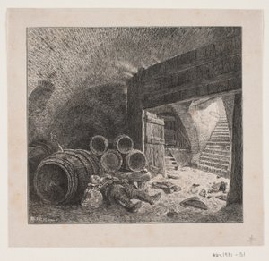ワインセラーで酔って寝ている酔っぱらい 作： André Bork