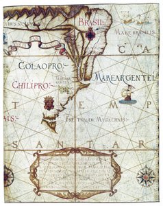 南アメリカの地図、Universa と Navigabilis Totius Terrarum Orbis Descriptio 1559 (カラー原稿) 作： André Homem