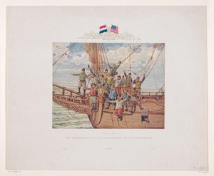 ヘンリー・ハドソンの船、ハーフ・マエン号が北アメリカの海岸に接近、1609年 着陸が見えます！ 船首のハーフ・マエンの乗組員（オブジェクトのタイトル） 作： André Vlaanderen