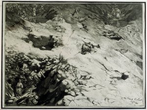 砲弾の穴 第一次世界大戦中、毛むくじゃらの人々は、攻撃の準備と身を守るために、爆弾の穴に避難する 作： Andre Devambez