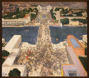エッフェル塔の2階から見た1937年の国際博覧会。シャイヨーの丘のふもとで、左のソビエト連邦と右のナチス・ドイツのパビリオンが向かい合っている。 作： Andre Devambez