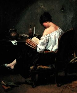 キャンドルライトで読書する少女 作： Andre Fontaine