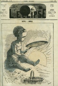 1870年、社会的料理：少女が太陽で暖められたストーブでクレープを焼いている。ギルの「日食」の表紙（1月2日付 作： Andre Gill