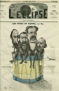 Auguste Vacquerie (1819-1895)、Victor Hugo (1802-1885)、Charles Hugo (1826-1871)、Paul Meurice (1818-1905)、フランスの文学者たち。7月10日付ギル社「日蝕」の表紙 作： Andre Gill