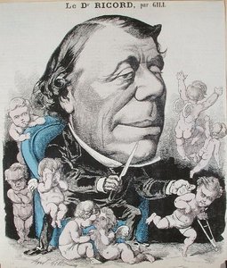 フィリップ・リコルド博士（1800-89）の風刺画（彩色済み彫刻） 作： Andre Gill