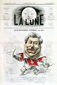 アレクサンドル・デュマの漫画と自筆のサイン - 1866年12月2日付「La Lune」のギルによる
