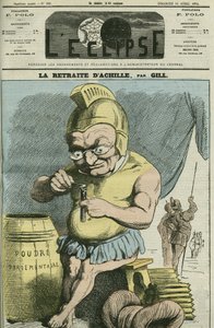 フランスの政治家、アドルフ・ティエール（1797-1877）の漫画。4月19日付ギル社「日蝕」の表紙 作： Andre Gill