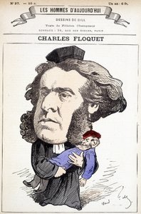 弁護士であり、1888年から1889年にかけて審議会議長を務めたシャルル・フロケ（1828-1896）の漫画。決闘でブーランジェ将軍を負傷させたが、その思想は戦っていた。ギルによるドローイング 「現代の男たち」の中で。 作： Andre Gill