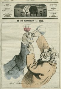 フランスの哲学者・政治家であるシャルル・ド・レミュサ（1797-1875）の漫画。4月27日付ギル社「日蝕」の表紙 作： Andre Gill