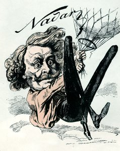 1858年に航空写真の先駆者となったフェリックス・ナダールの気球にぶら下がっている様子を描いた漫画（彫刻 作： Andre Gill