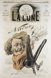 1858年に航空写真の先駆者となったフェリックス・ナダールが気球にぶら下がっている漫画 作： Andre Gill