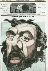 フランスの政治家、レオン・ガンベッタ（1838-1882）の「語る人」の漫画。9月20日付ギル社「日蝕」表紙