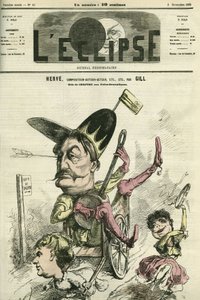 フロリモン・ロンジェ・ディ・エルヴェ（1825-1892）は、フランスの作曲家、作家、俳優で、フォリー・ドラマティック劇場でチルペリック役を演じている。11月8日付ギル社「日食」の表紙 作： Andre Gill