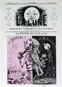 ギルの今日の奨学金。ピンクでは、フランの上昇。ブラックでは、下落と悪い行動。証券取引所はベルギーに出発。9月16日の新聞 "La Lune "の一つ 作： Andre Gill