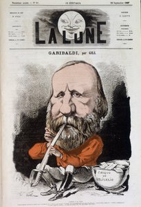 ジュゼッペ・ガリバルディ（1807-1882）、平和への賛歌 - by ギル、1867年9月22日付「月」にて 作： Andre Gill