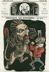 アビシニアの王テオドロス」のイラスト。1867年12月22日の「La Lune」に掲載されたギルの漫画。 作： Andre Gill