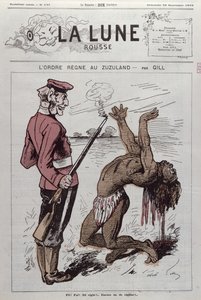 1879年の「ラルーンルース」からの南アフリカ植民地時代の風刺画「ズズランドの秩序」 作： Andre Gill