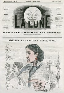 イタリアのオペラ歌手、アデリーナ（1843-1919）とカルロッタ・パッティ（1835-1889）の肖像。ギルの漫画（「月」11月25日付