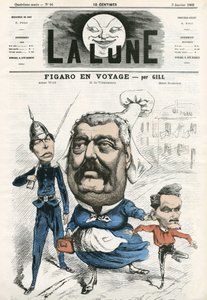 フィガロ』誌のジャーナリスト、アルベール・ウォルフ、イポリット・ド・ヴィルメッサン（1812-1879）、アンリ・ロシュフォール（1831-1913）の肖像。ギルの漫画（『月』1月3日付 作： Andre Gill