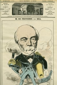 フランスの政治家・技術者であるCharles Louis de Saulces de Freycinet (1828-1923)の肖像。2月6日付ギル社「日蝕」の表紙