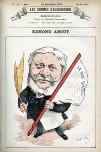 フランスの小説家、劇作家、美術評論家であるエドモンド・アバウト（1828-1885）の肖像。ギルによる漫画、パリ 作： Andre Gill