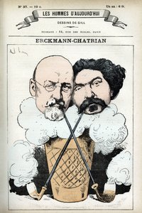 フランスの小説家、エミール・エルクマン（1822-1899）とアレクサンドル・シャトリアン（1826-1890）の肖像。ギルの漫画、『今日の人』（パリ）所収 作： Andre Gill