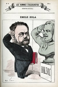 フランスの文豪、エミール・ゾラ（1840-1902）の肖像。ギルによる風刺画、パリ
