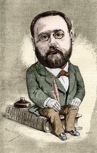 エミール・ゾラ（1840-1902）フランスの作家の肖像。アンドレ・ギルによる「Illustrious World」のための漫画。