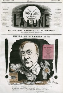 フランスのジャーナリスト、エミール・ド・ジラルダン（1806-1881）の肖像。ギルの漫画（『月』11月号掲載