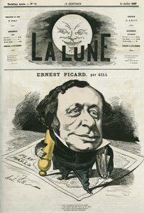 フランスのジャーナリスト・弁護士であるアーネスト・ピカール（1821-1877）の肖像。ギルの漫画、「La Lune」7月21日号掲載