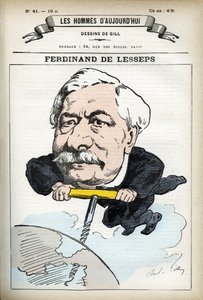 フランスの外交官、フェルナン・ド・レセップス（1805-1894）の肖像。ギルの漫画、『今日の人』（パリ）所収 作： Andre Gill