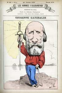 イタリアの政治家Guiseppe Garibaldi (1807-1882)の肖像。ギルによる漫画、『今日の人』（パリ）所収 作： Andre Gill