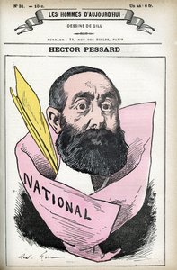 フランスのジャーナリストであり、新聞「ル・ナショナル」のオーナーであるヘクター・ペサールの肖像。パリの「今日の人」に掲載されたギルの漫画 作： Andre Gill