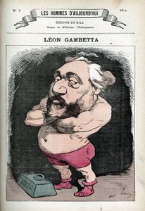 フランスの政治家、レオン・ガンベッタ（1838-1882）の肖像。ギルの風刺画、パリ 作： Andre Gill