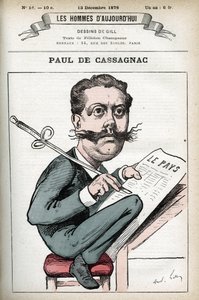 フランスの政治ジャーナリスト、ポール・グラニエ・ド・カサニャック（Paul Granier de Cassagnac）（1842-1902）の肖像。パリのギル社の漫画。 作： Andre Gill