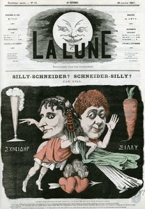 シリー-シュナイダー？シャイナー-シリー？は、古代絵画の断片の風刺画です。ギルの漫画、「La Lune」1月20日号掲載 作： Andre Gill