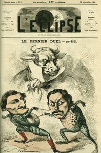 最後の決闘、プロスペル・オリヴィエのカエル（Prosper Olivier）リサガレイ（1838-1901）とポール・グラニエ・ド・カサニャック（1842-1904）が牛肉のように大きくなりたいと、アルフレッド・ド・ミュッセとヴィクトル・ユーゴーを表現しています。9月12日付ジルの「日蝕」の表紙 作： Andre Gill