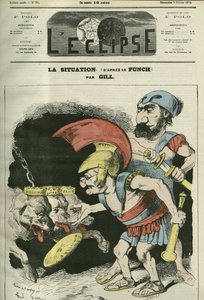 アドルフ・ティエール（1797-1877）とレオン・ガンベッタ（1838-1882）が王党派とボナパルティストの犬に聖職を与えている状況を描いた漫画。2月9日付ジルの「L