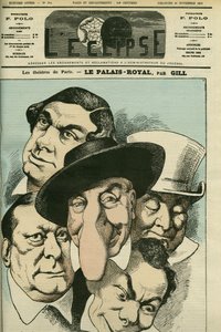 Geoffroy、Jules Brasseur（1829-1890）、Hyacinthe、Lassouche、Lheritierなどのフランス人俳優が出演する劇場「Le Palais royal」。11月28日付ギル社「日食」の表紙 作： Andre Gill